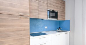 Apartamento, 1 quarto, vista para o lago | Cozinha privada | Geladeira grande, micro-ondas, fogão, cooktop