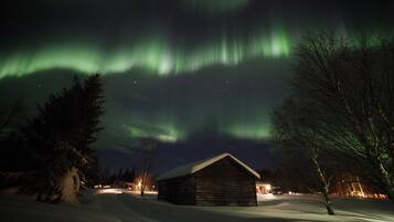 Paisaje nevado con una cabaña de madera y un cielo nocturno despejado.