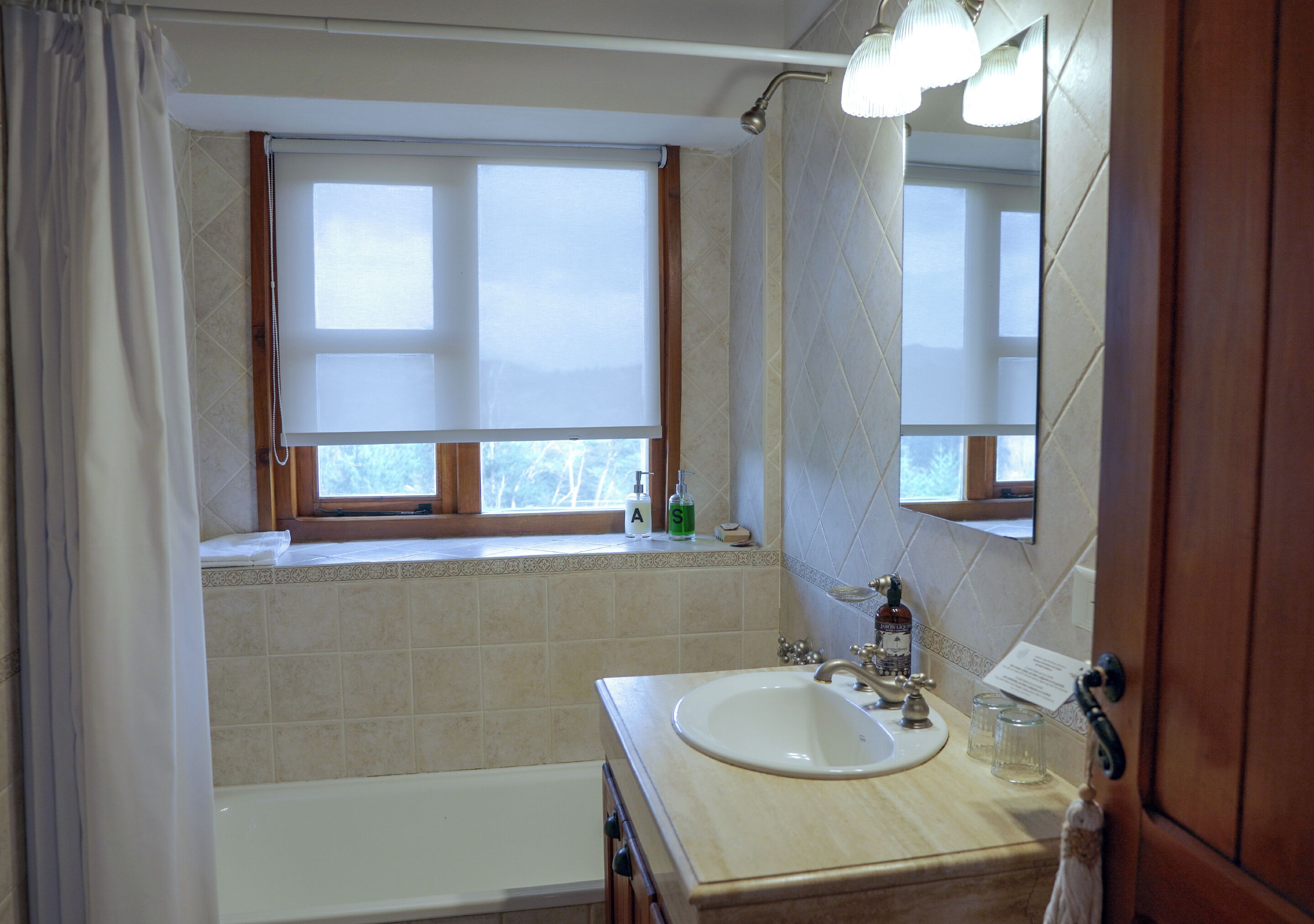 A bathroom with a bathtub, a sink, a mirror, and a window with a view.
