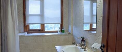 A bathroom with a bathtub, a sink, a mirror, and a window with a view.