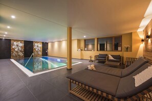 Indoor pool, outdoor pool, pool loungers