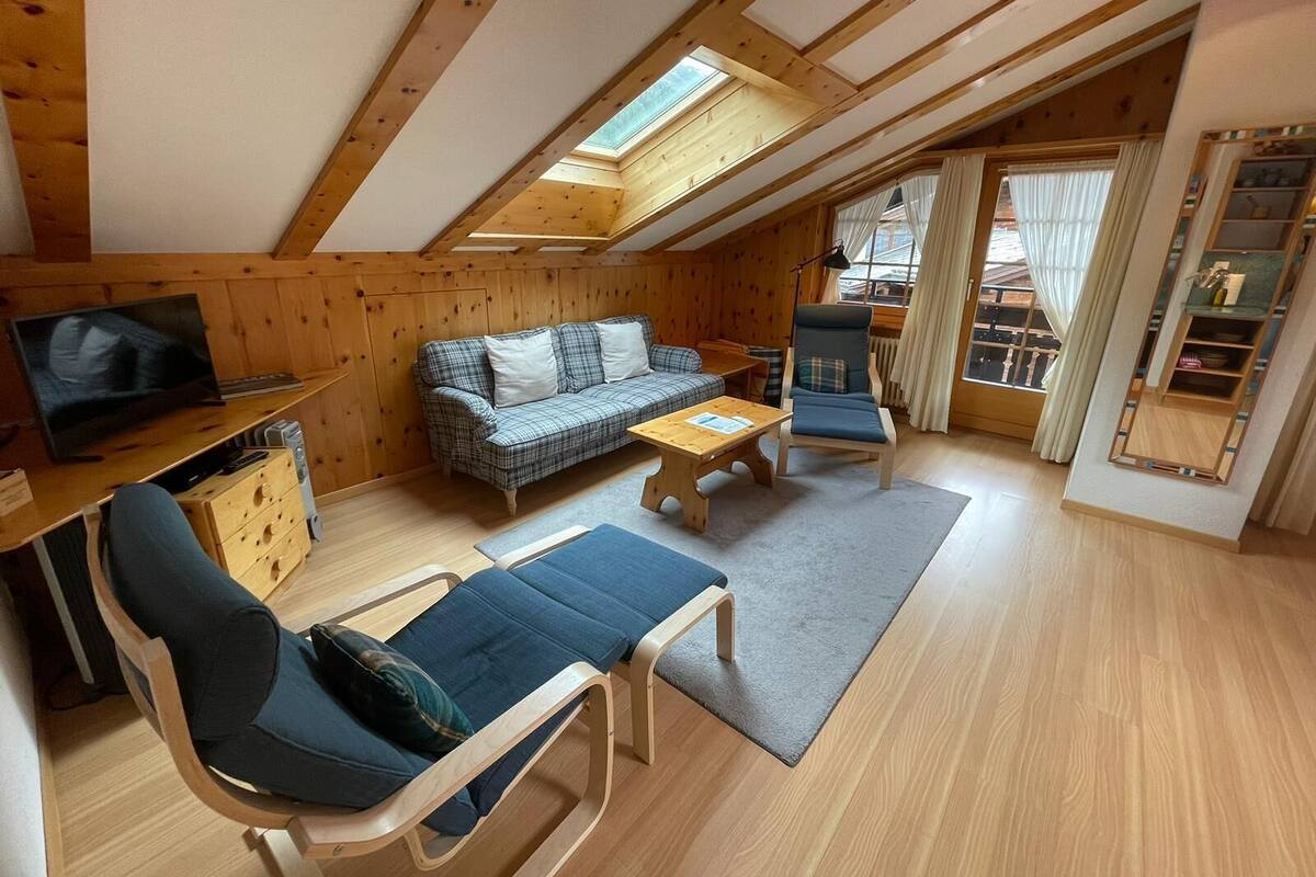 Un acogedor apartamento estilo loft con techo de madera, un sofá, una silla, una mesita, un televisor y una estantería.