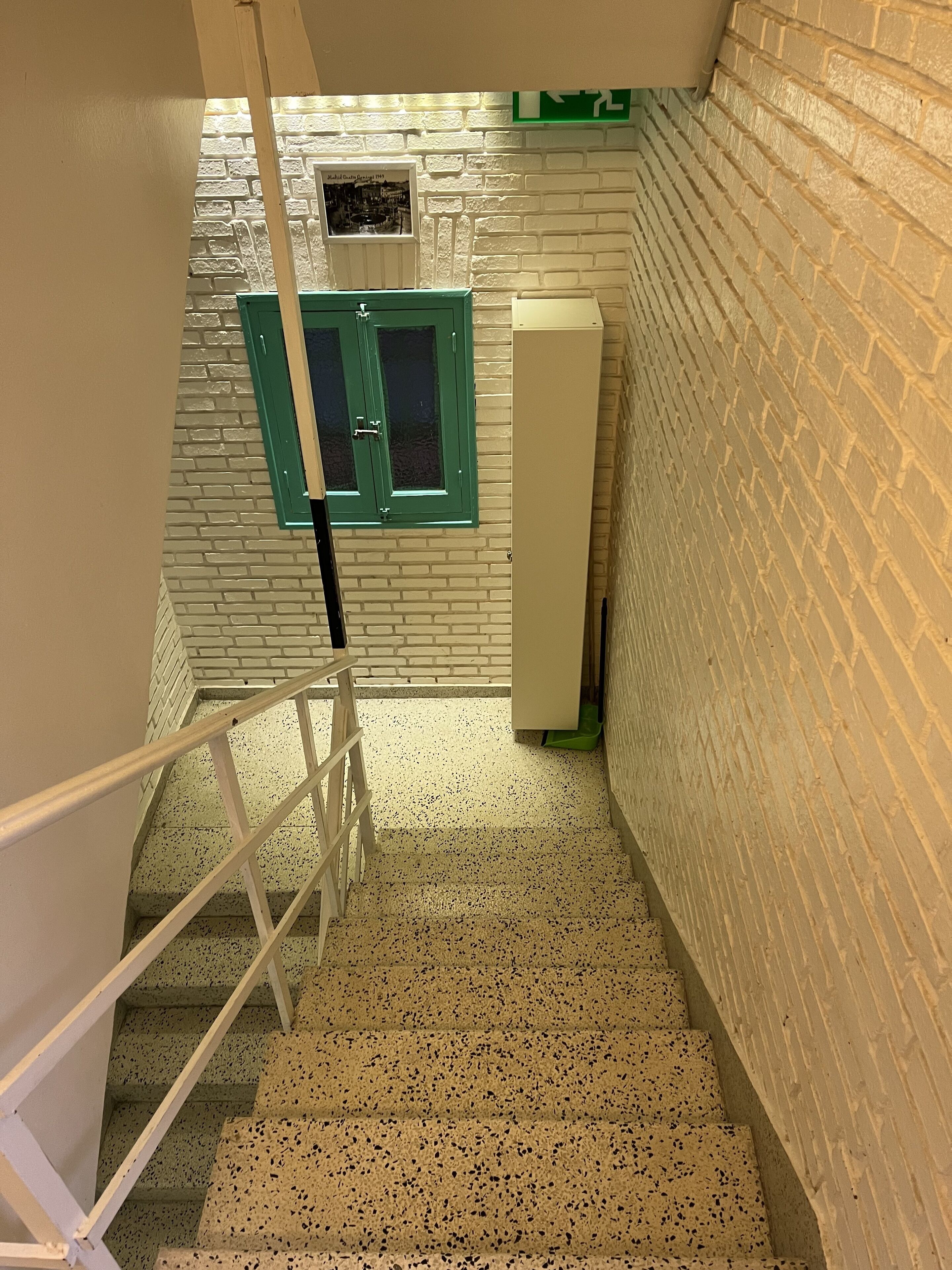 Un escalier avec des murs en briques blanches et un sol à motifs menant à une porte dotée de volets verts.