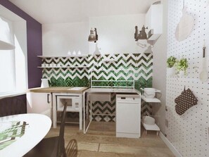 Apartament Comfort, 2 dormitoris, vistes al turó, al costat d'un vessant | Cuina privada | Frigorífic, microones, placa de cuina i rentaplats 