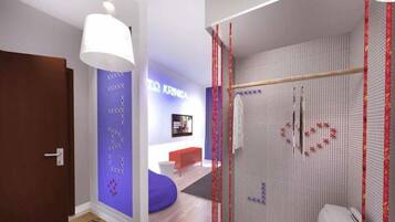 A modern interior with a wooden door, a blue accent wall, a white wall with a geometric pattern, a red bench, and a white toilet.