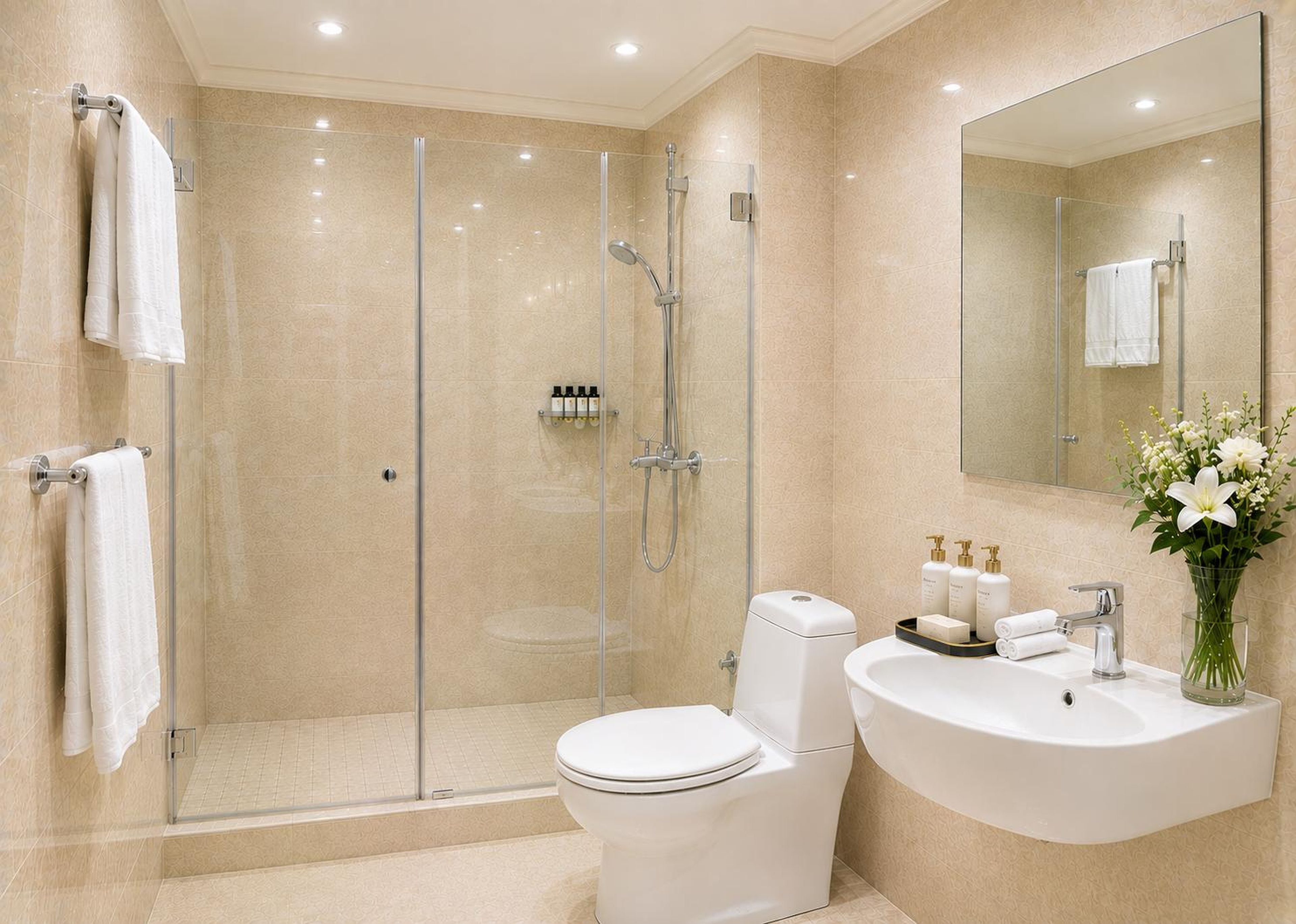 A modern bathroom with a glass-enclosed shower, a white toilet, and a vanity with a sink.