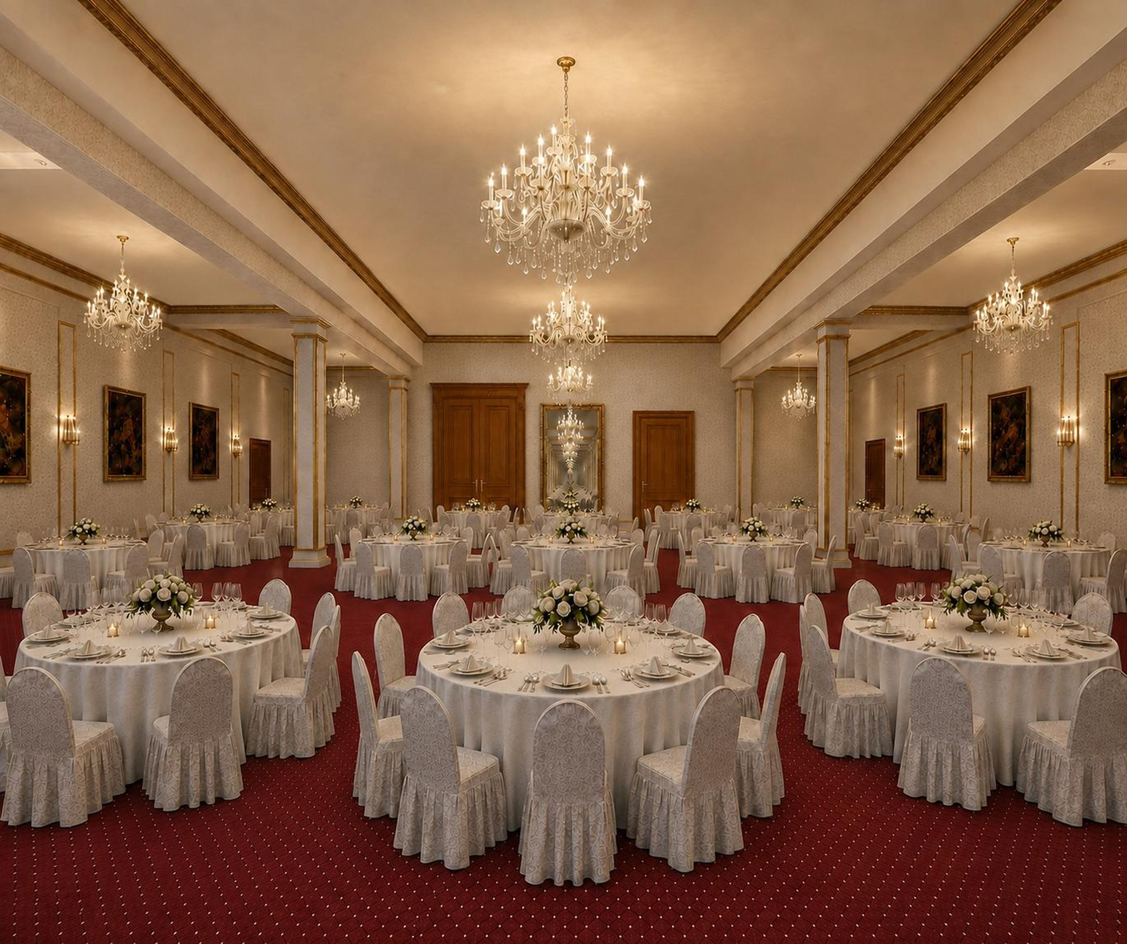 A banquet hall with round tables, white chairs, chandeliers, and framed artwork on the walls.