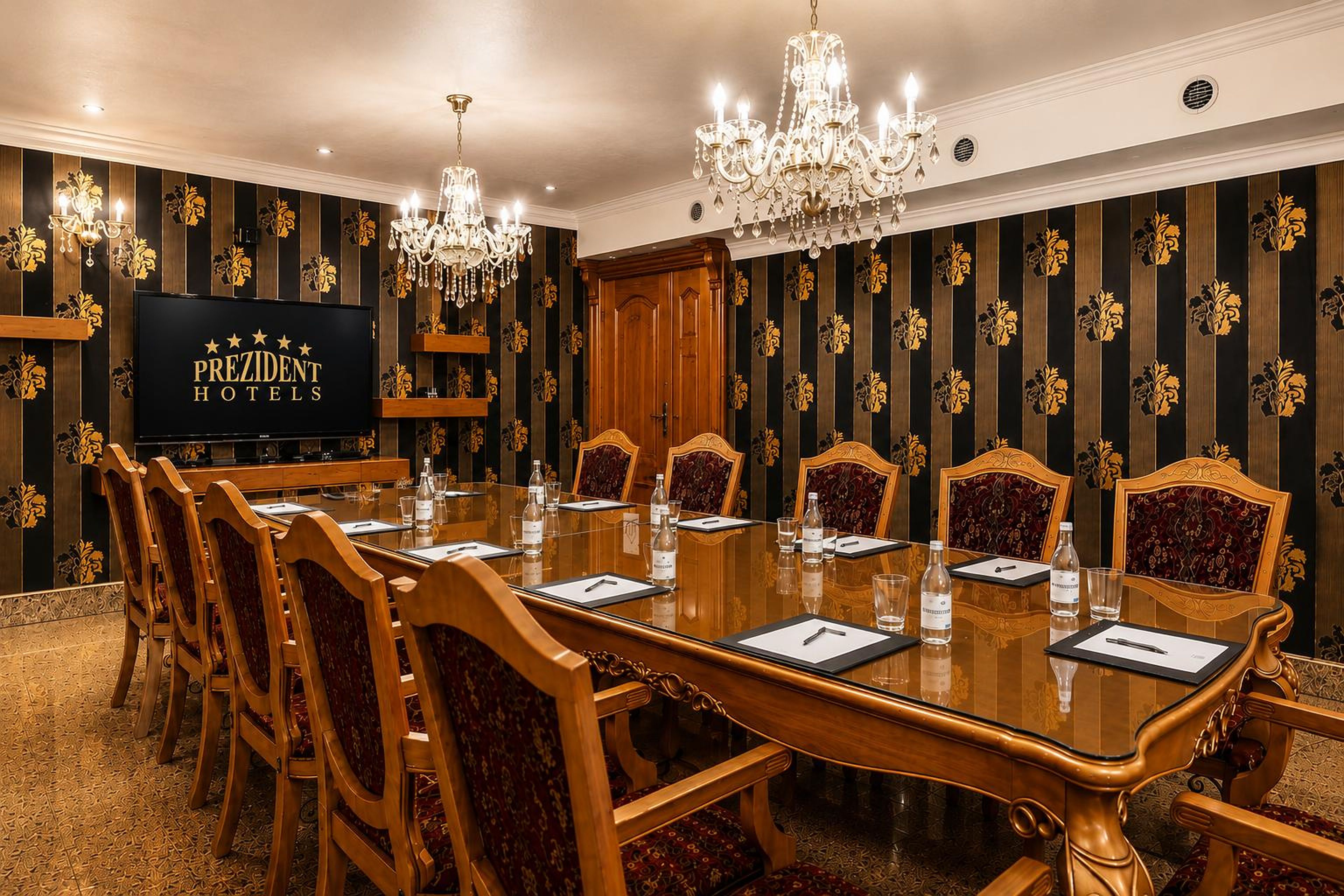 A conference room with a long table, chairs, a television, and chandeliers.