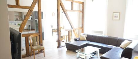 45-inch flat-screen TV with satellite channels, TV, DVD player