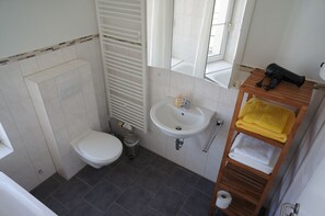 Combined shower/bathtub, hair dryer, towels