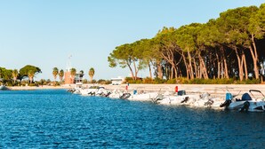 A marina with boats docked, a sandy beach, and a row of trees. - Argonauti Greenblu Resort (Pisticci)