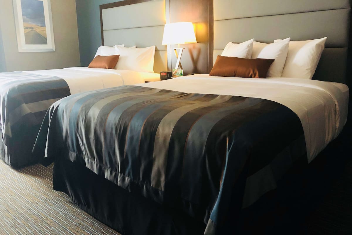 Habitación de hotel con dos camas, una mesita de noche con lámpara y un cuadro en la pared.