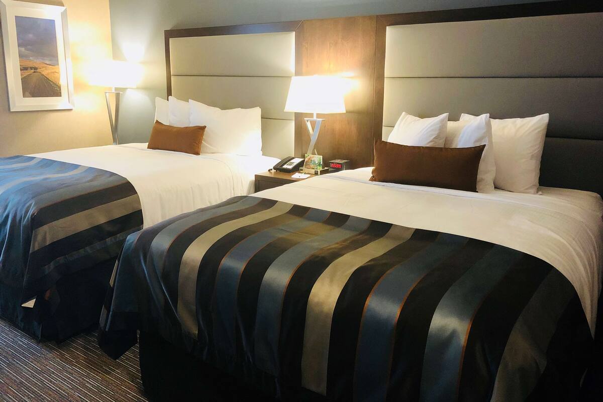 Habitación de hotel con dos camas, cubrecamas a rayas, una mesita de noche con lámpara y un cuadro enmarcado en la pared.
