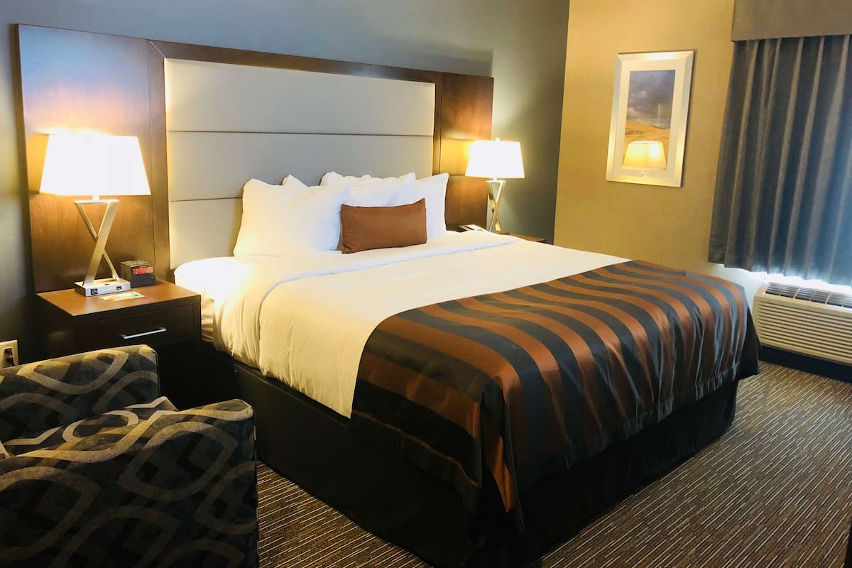 Una habitación de hotel con una cama grande, dos mesitas de noche con lámparas, un sillón estampado y un cuadro enmarcado en la pared.