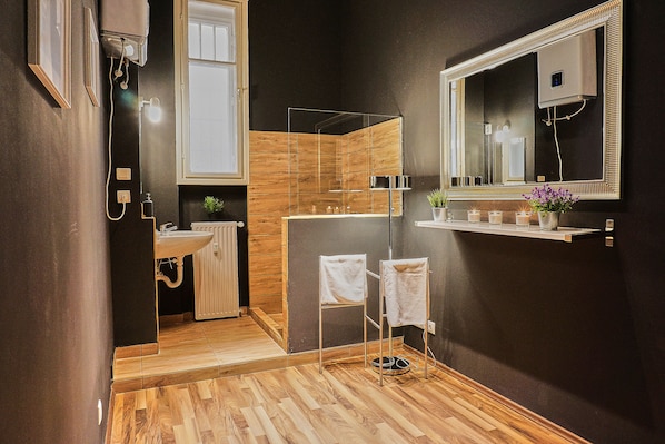 Apartment | Bathroom | Shower, hair dryer, towels