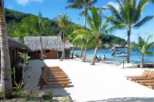 A beach resort with thatched-roof huts, palm trees, and a clear view of the ocean.