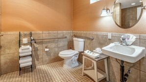Une salle de bain équipée de toilettes, d’un lavabo et d’un sèche-mains.