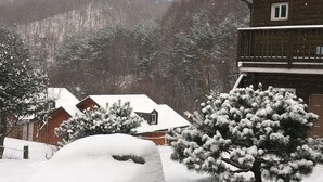 A wooden house with a balcony, surrounded by snow-covered trees and a mountain in the background. - Tirol Pension (Pyeongchang)