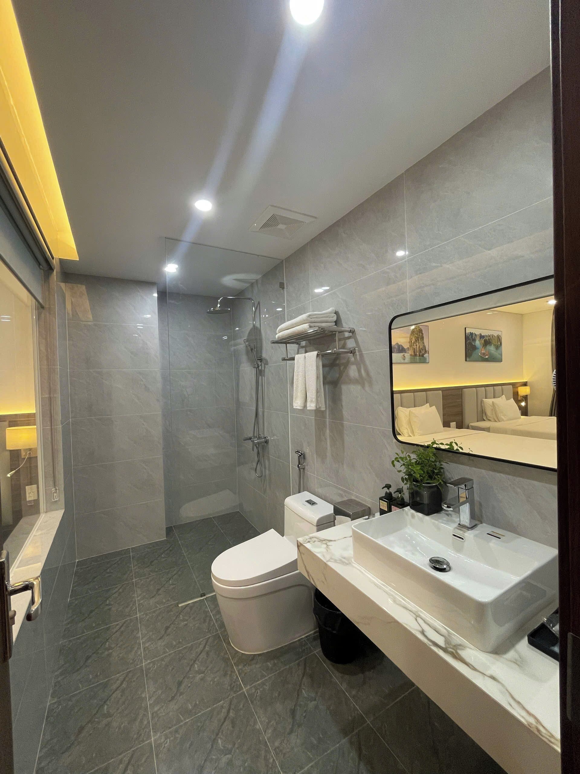 A modern bathroom with a glass-enclosed shower, a white toilet, a vanity with a sink, and a mirror.