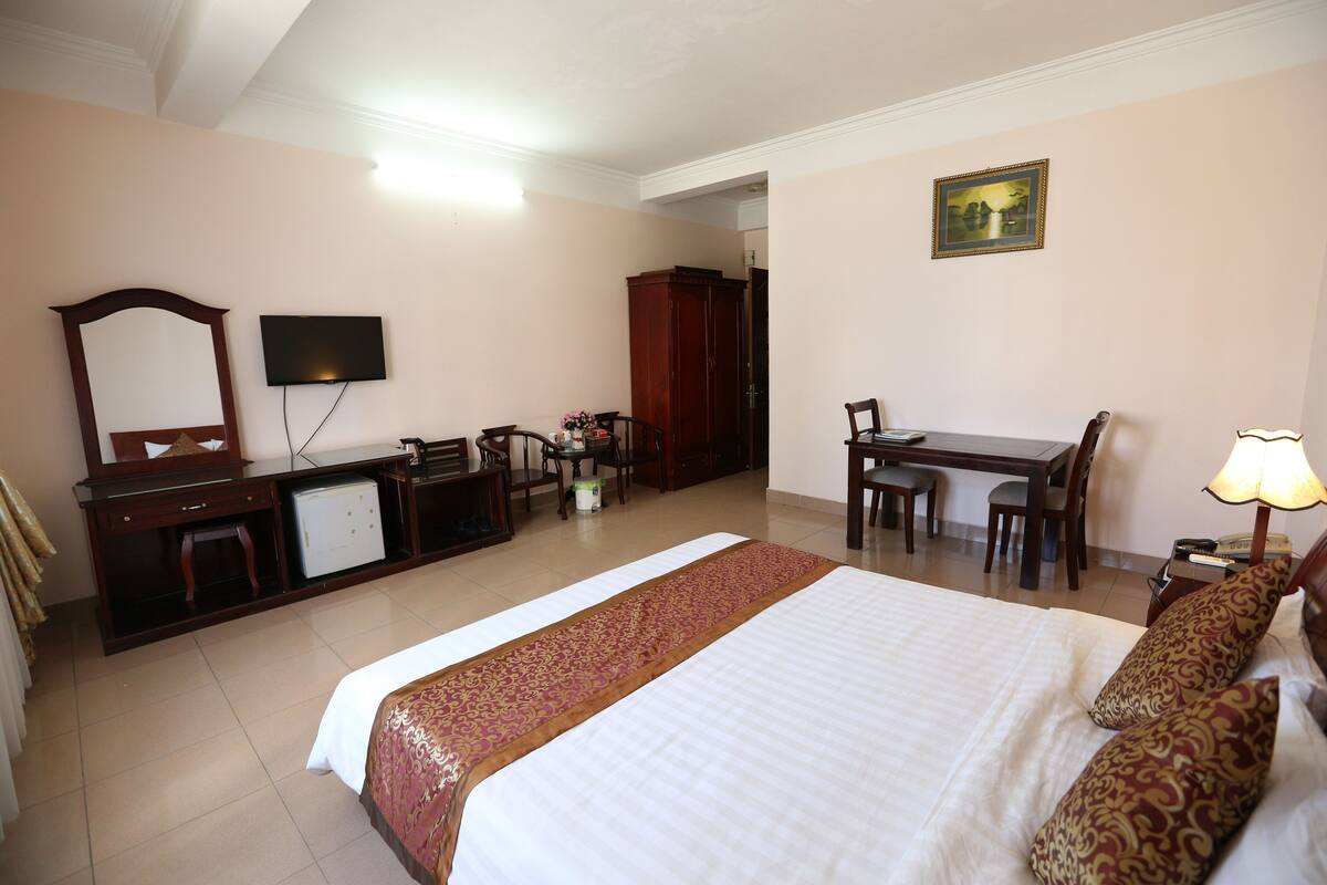 Habitación de hotel con cama, escritorio, silla, televisión, armario y un cuadro en la pared.
