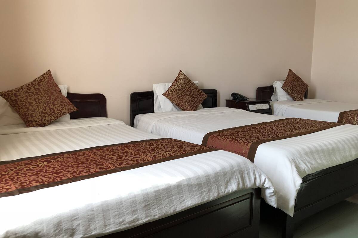 Una habitación de hotel con tres camas, cada una con una colcha estampada y almohadas a juego.