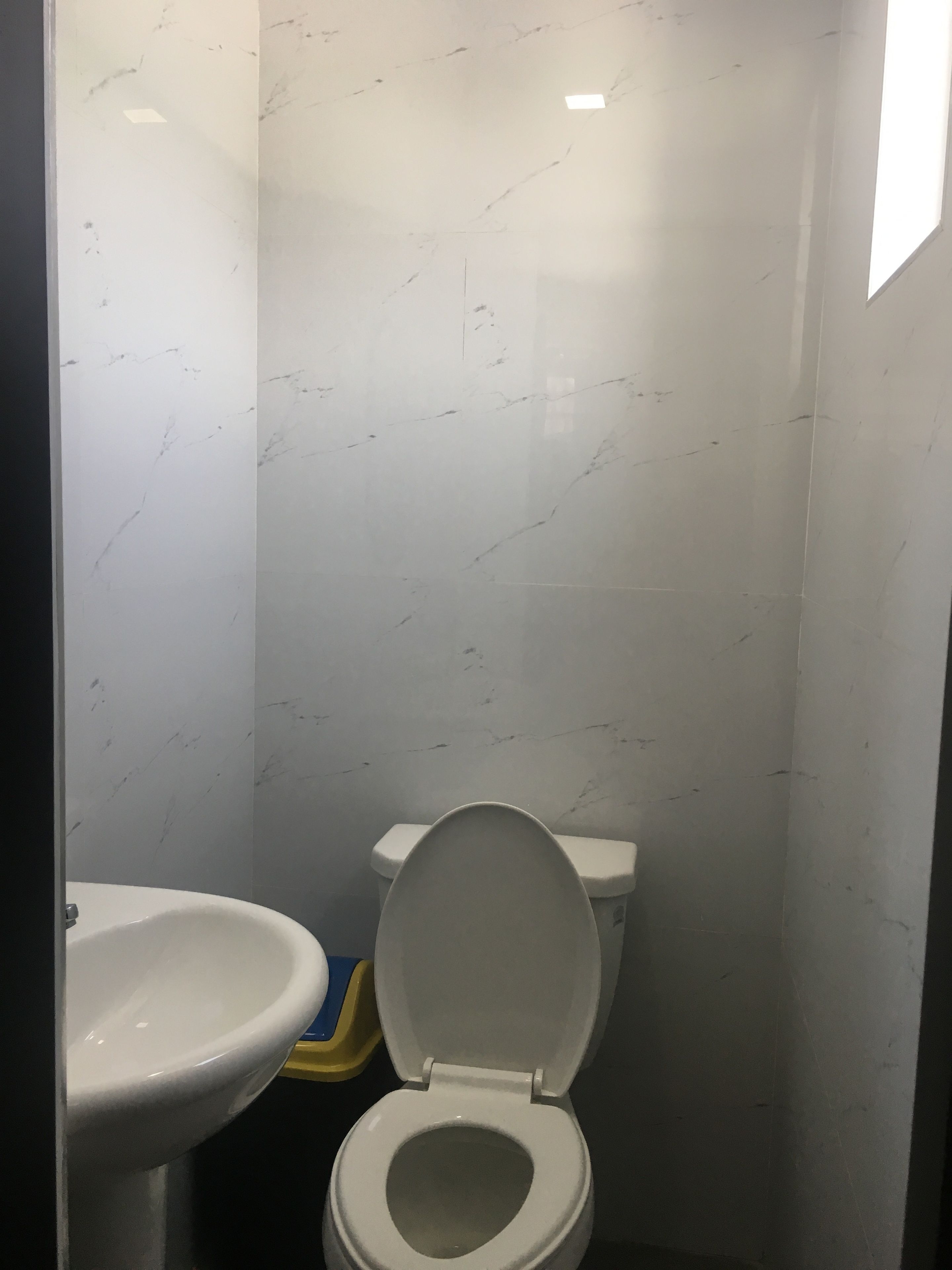 A bathroom with a toilet, a sink, and a shower area.