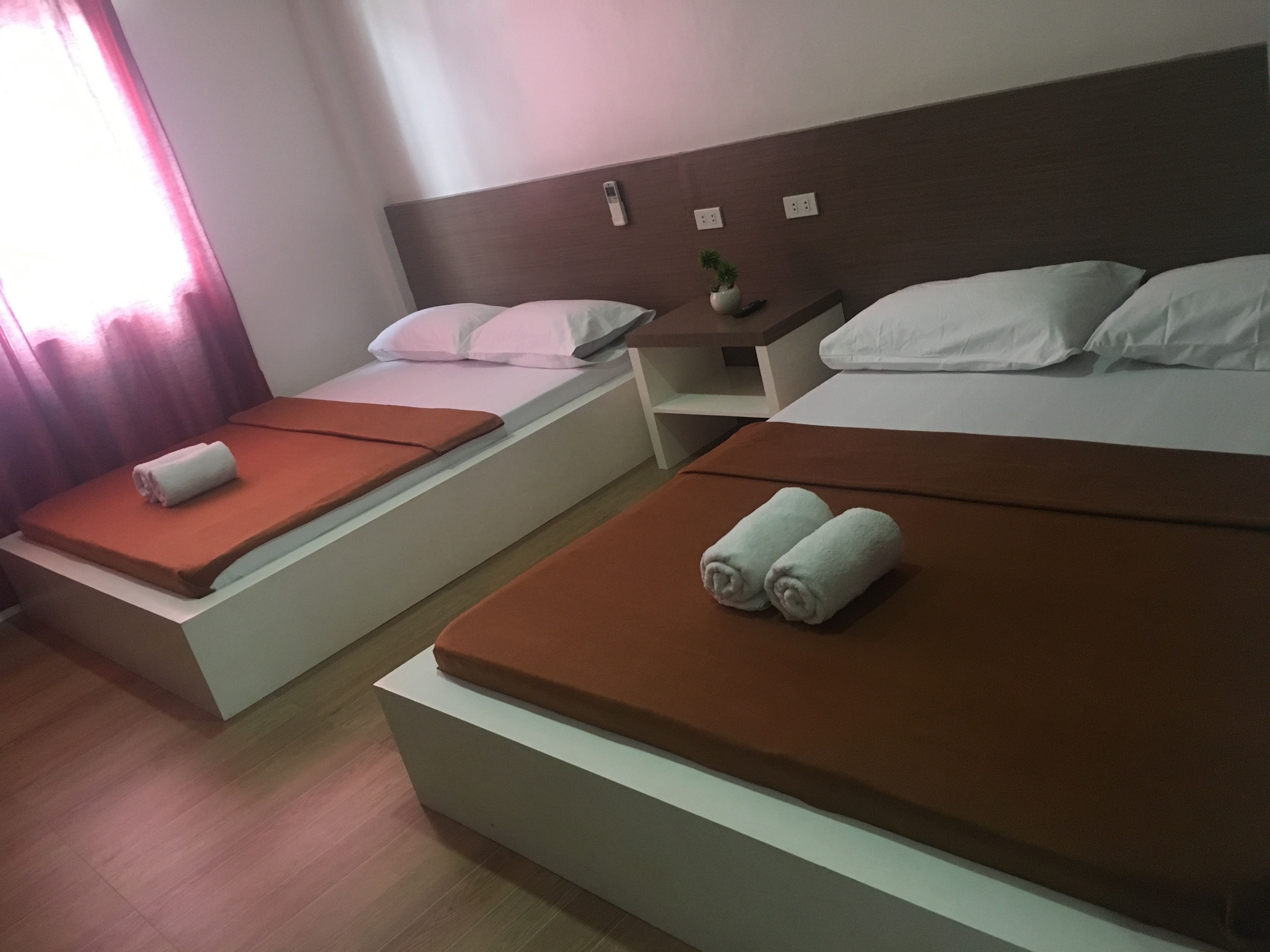 A hotel room with two beds, each with a brown mattress and white pillows. There is a small table with a plant and a remote control.
