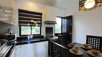 Full-size fridge, microwave, oven, stovetop