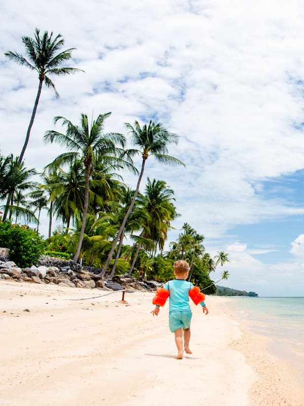On the beach, sun loungers, beach umbrellas, beach towels