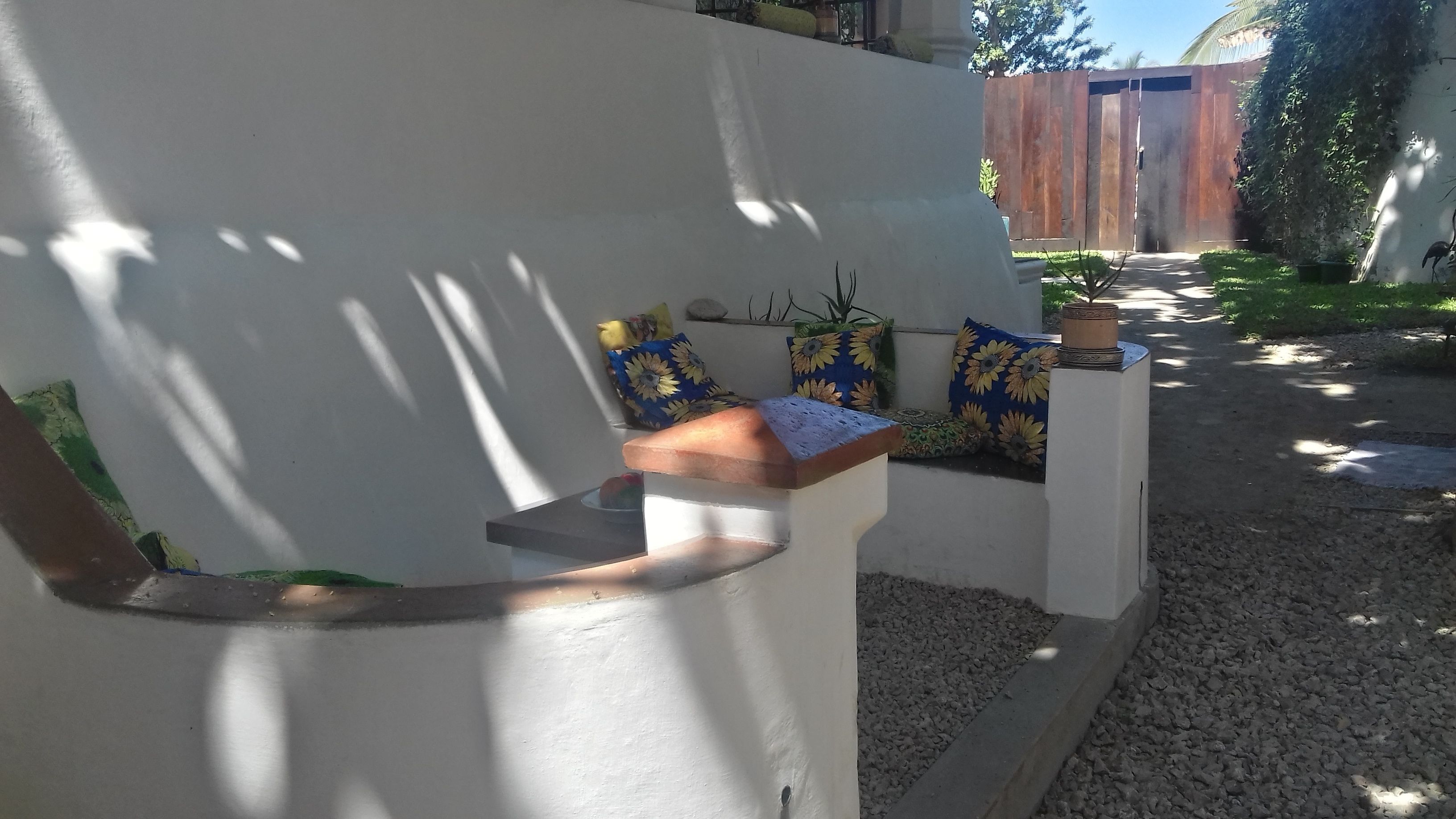 A white wall with a wooden ledge and a potted plant.