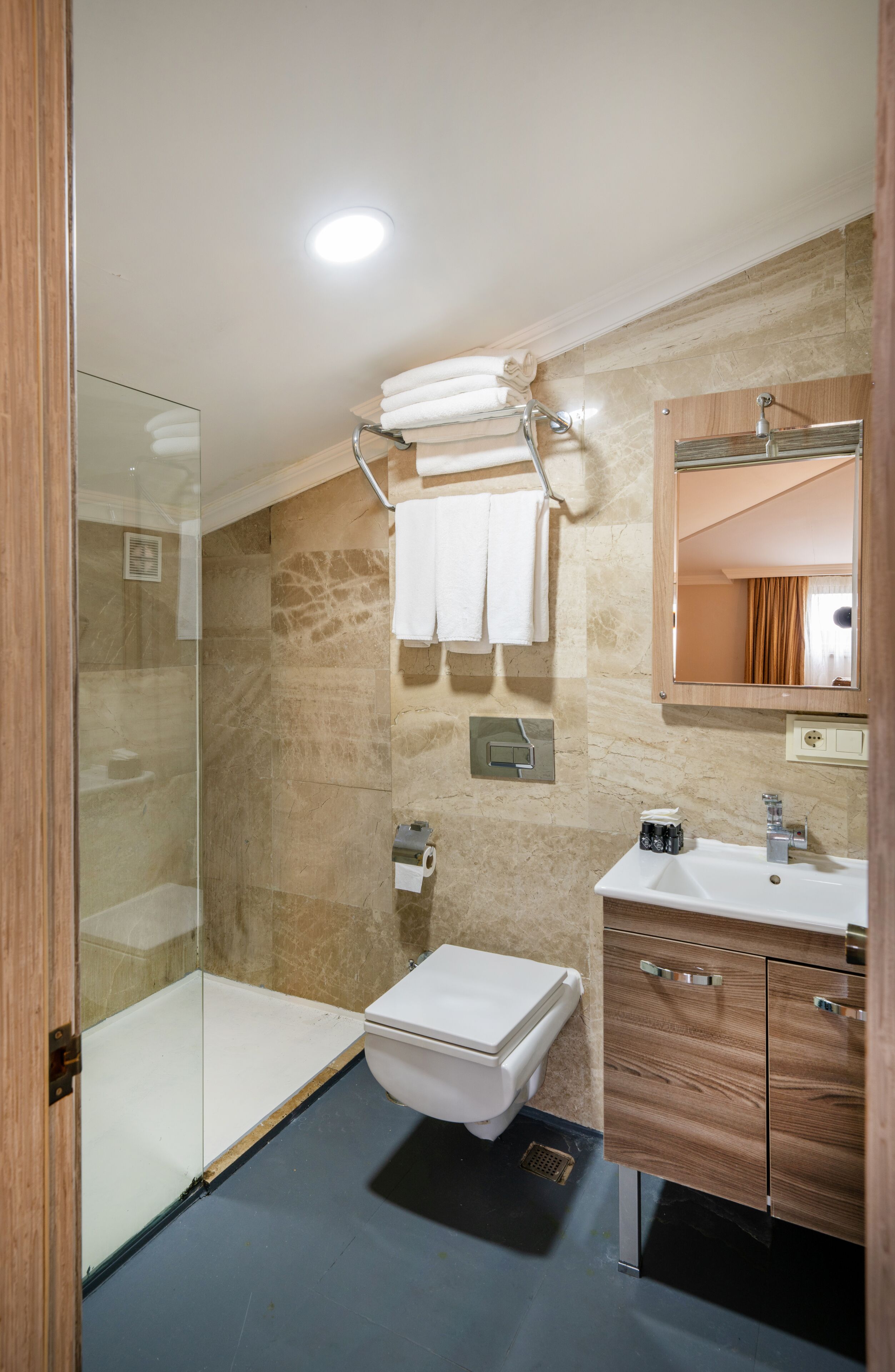 Une salle de bain avec une douche à parois de verre, des toilettes, un lavabo et un miroir.