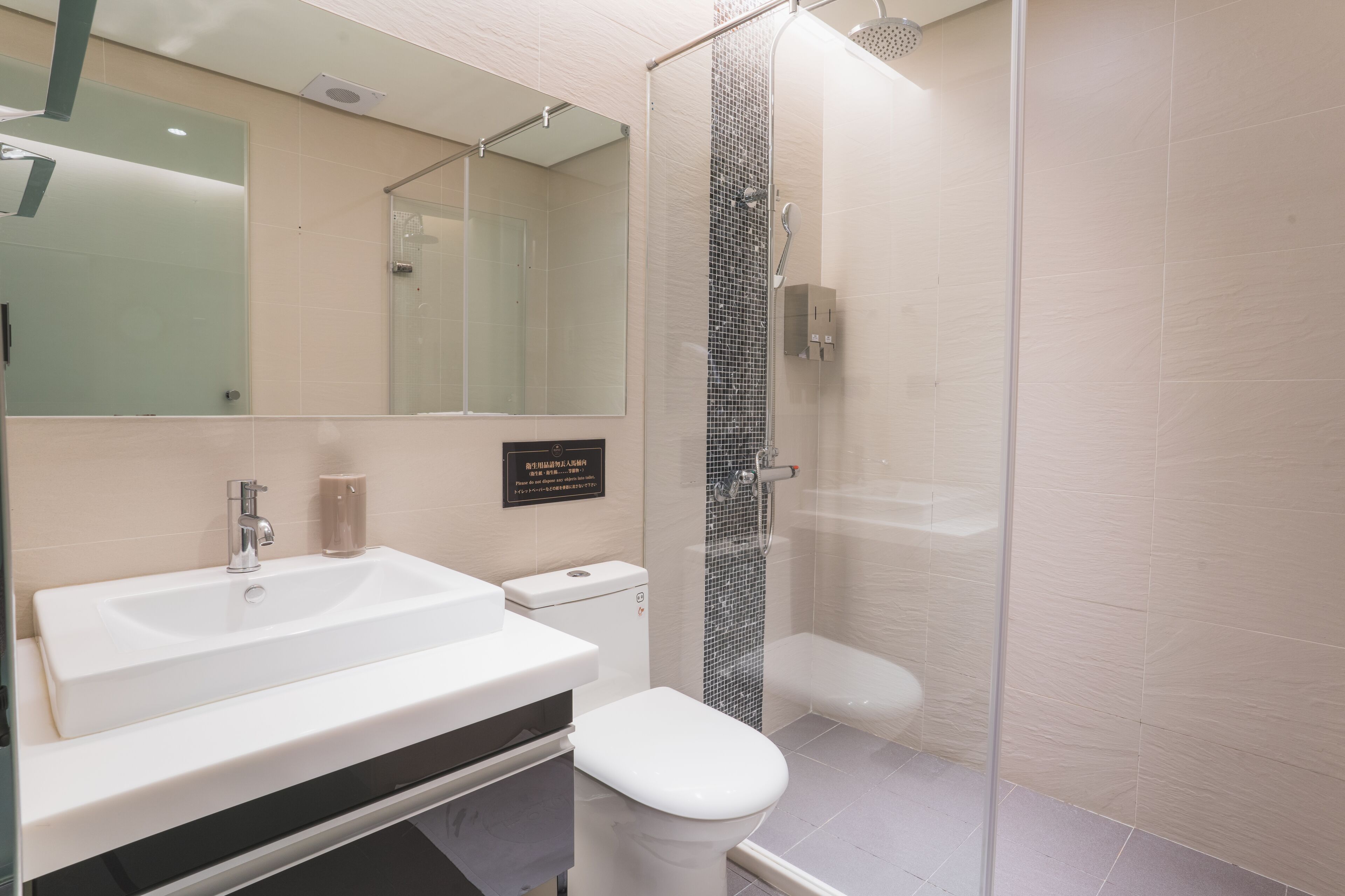 Une salle de bain moderne avec un grand lavabo, des toilettes et une douche à parois de verre.