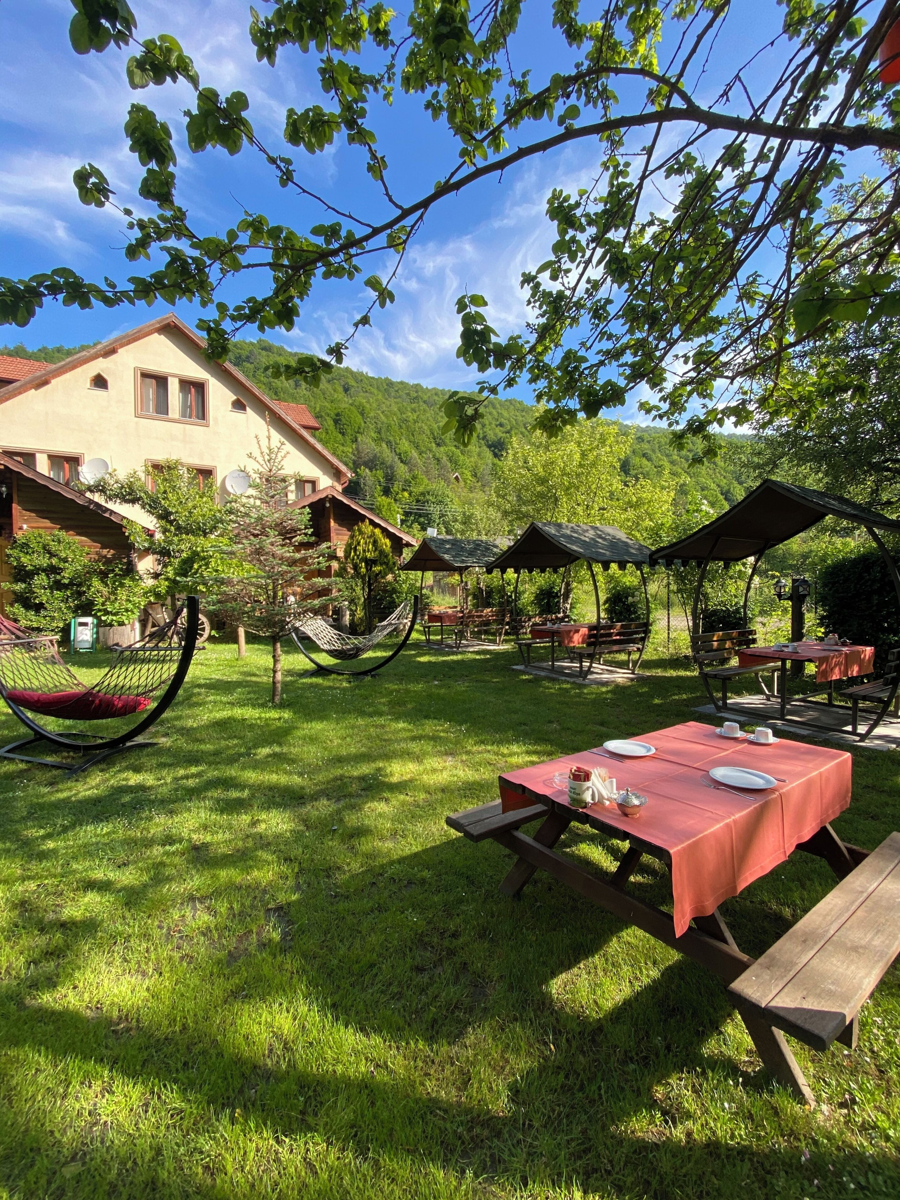 Un espacio de comedor al aire libre rústico con mesas de picnic y hamacas, rodeado de abundante vegetación y montañas al fondo.