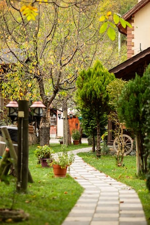 Stroll along the garden pathway to a charming, rustic retreat with lush greenery and a traditional building.