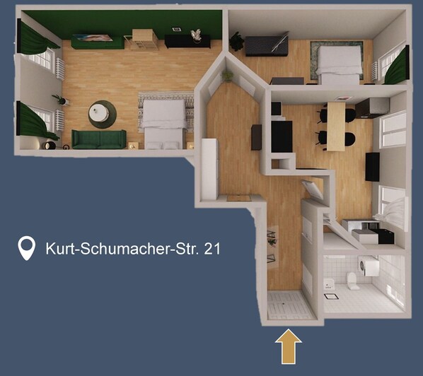 A floor plan of a hotel room with a living area, a dining space, and a bedroom. - Luga Homes – Stadthaus (Leipzig)
