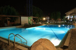 Outdoor pool, pool umbrellas, pool loungers