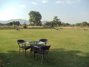 An outdoor seating area with a table and chairs, surrounded by a grassy field and trees, with mountains in the background. - Lohana Village Resort (Pushkar)