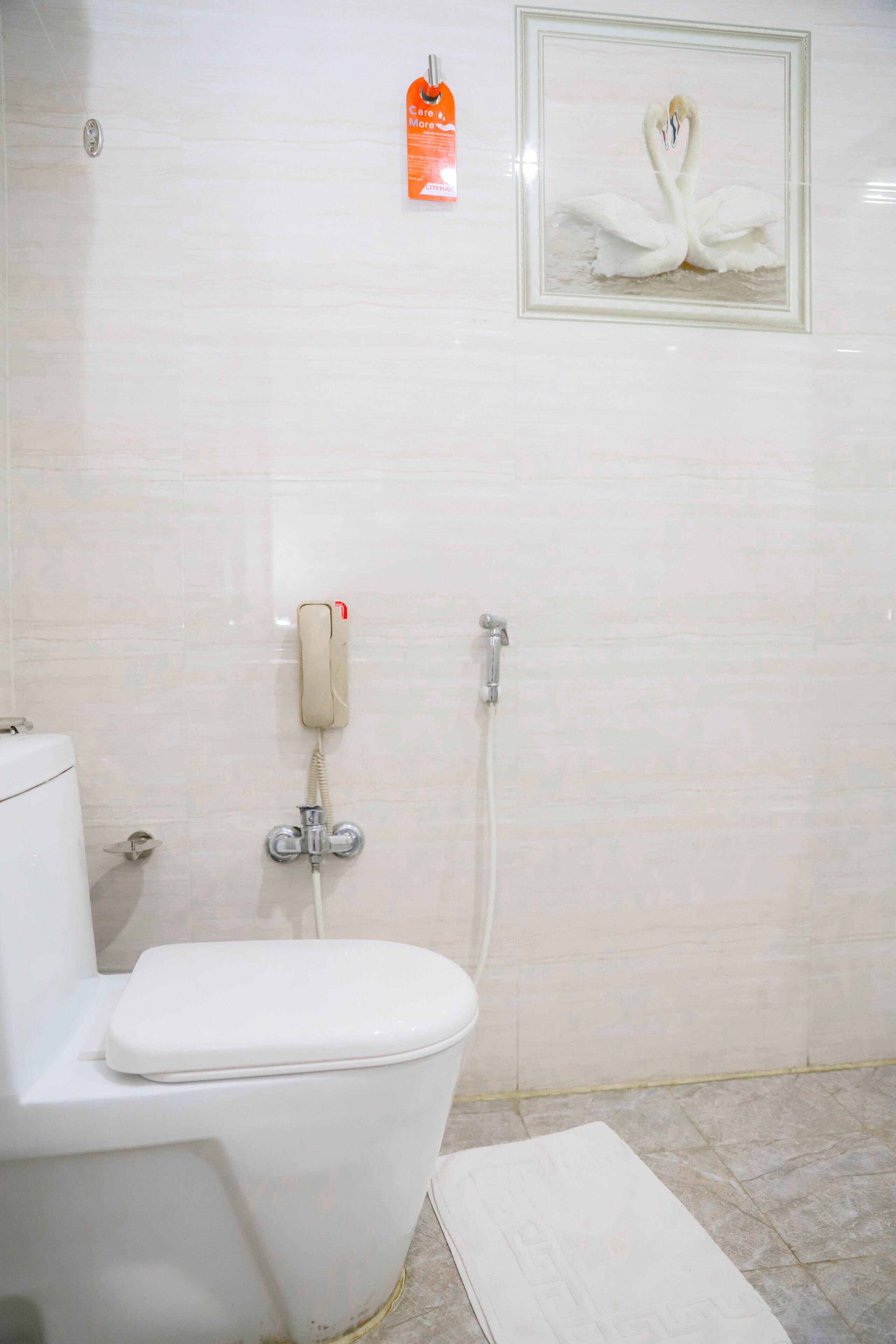 Un baño con un inodoro, un secador de manos y un cuadro enmarcado de cisnes en la pared.