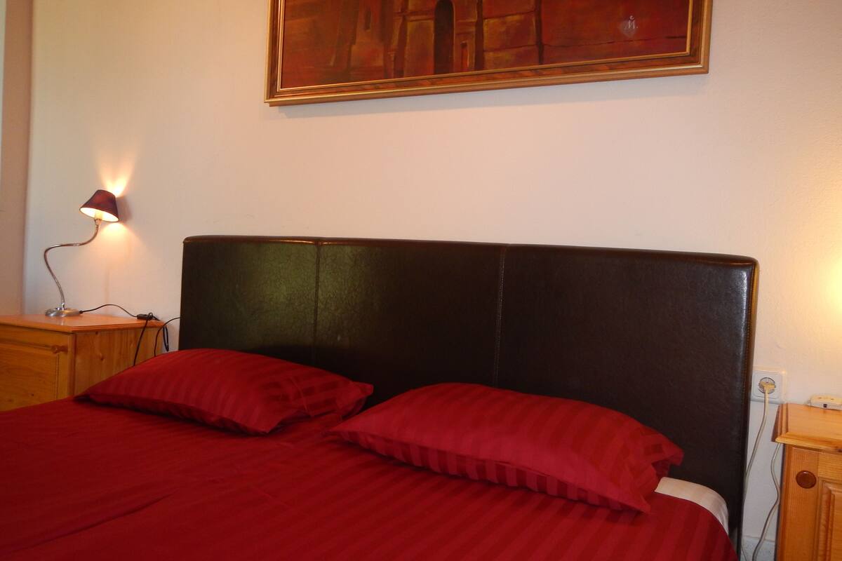 A bed with a dark headboard, two red pillows, and a lamp on a wooden nightstand.