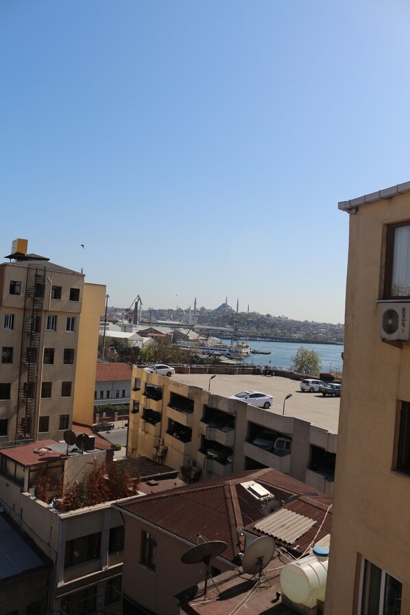 Vista de un paisaje urbano con edificios, una masa de agua y un punto de referencia distante.