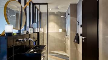Designer toiletries, hair dryer, towels, soap
