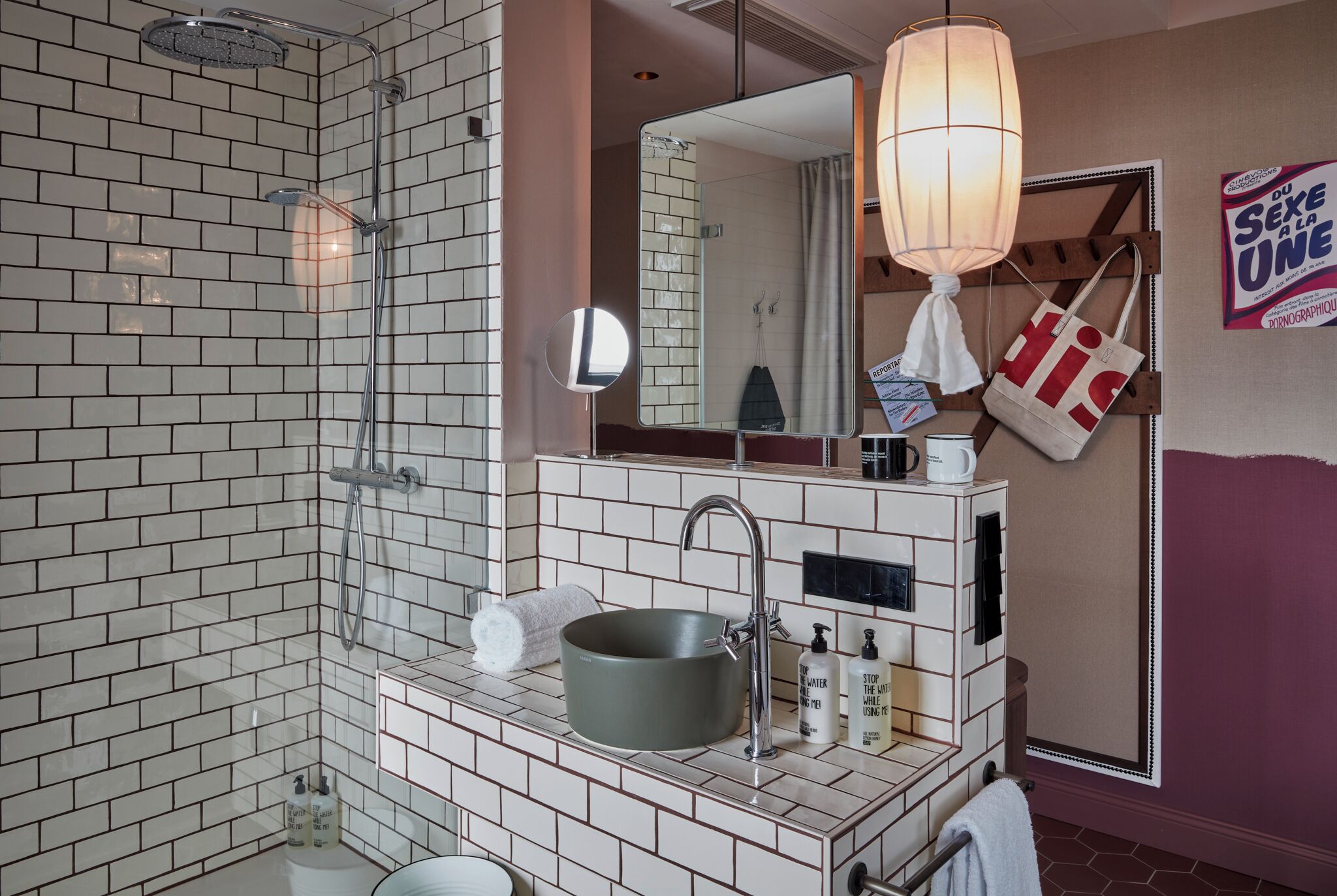 Designer toiletries, hair dryer, towels, soap