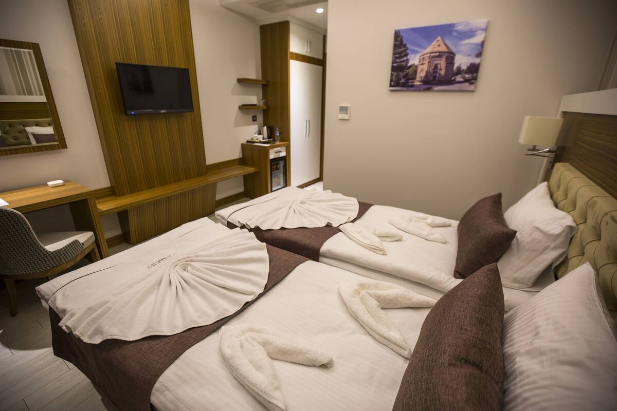 Habitación de hotel con dos camas, un escritorio, una silla, un televisor y un cuadro en la pared.