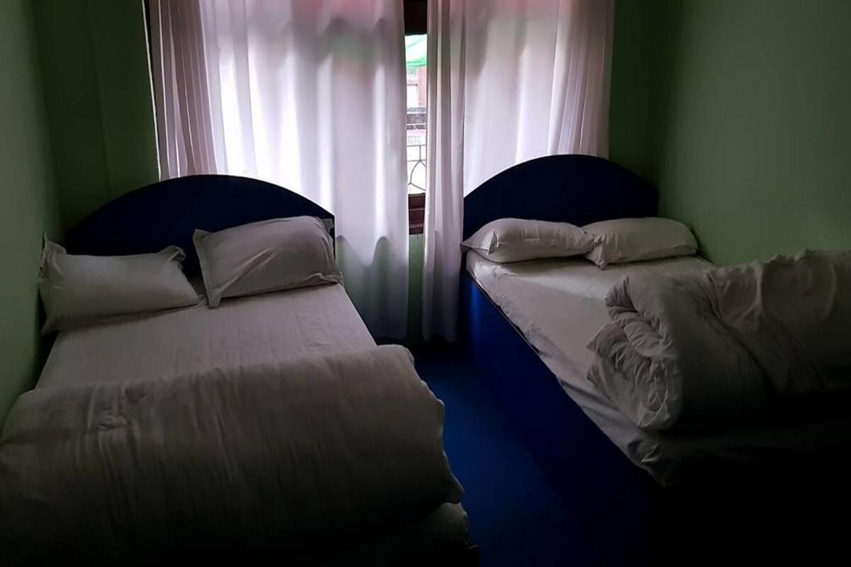 A room with two single beds, each with white bedding and a dark headboard. The room has green walls and a blue carpet.