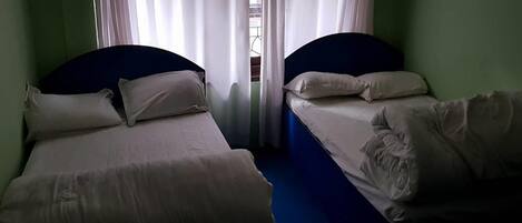 A room with two single beds, each with white bedding and a dark headboard. The room has green walls and a blue carpet.