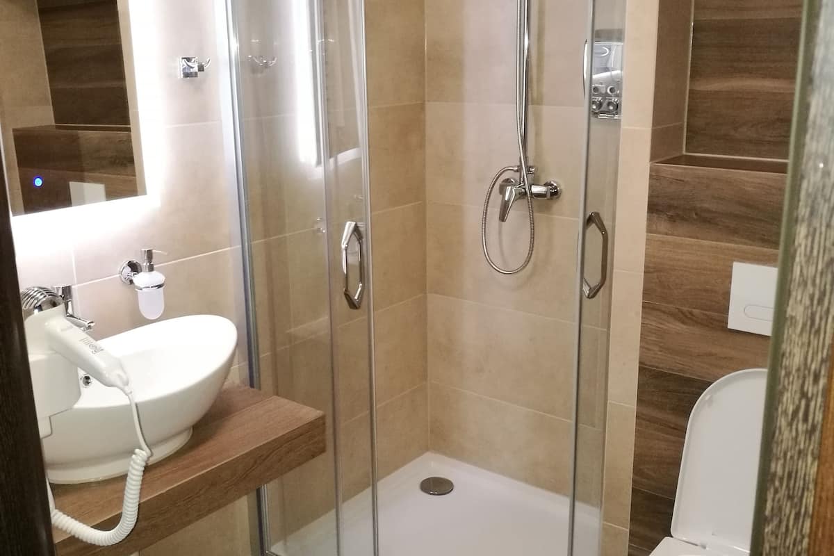 shower, free toiletries, hair dryer, towels