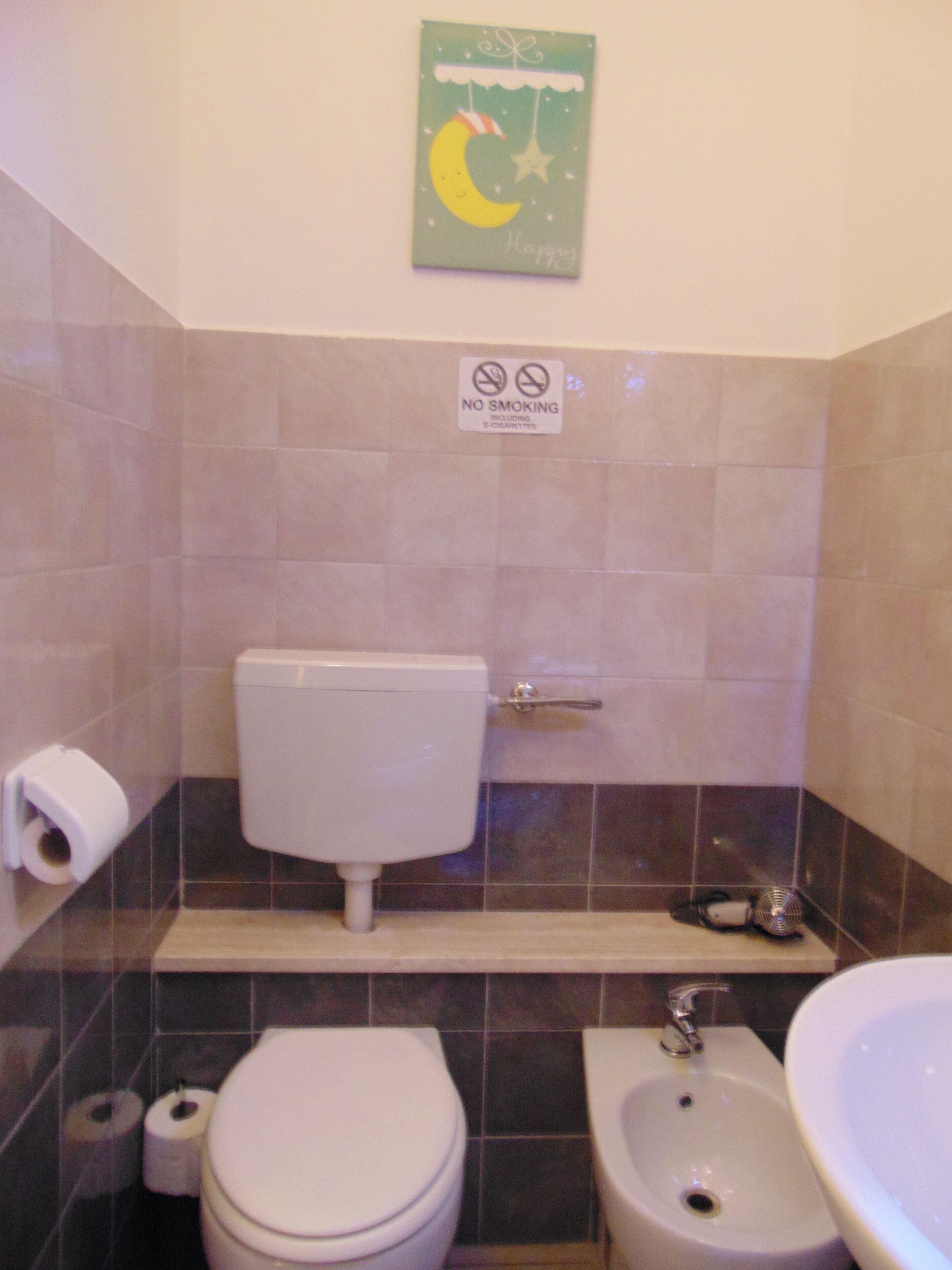 A bathroom with a toilet, bidet, and sink. There is a 'No Smoking' sign on the wall.