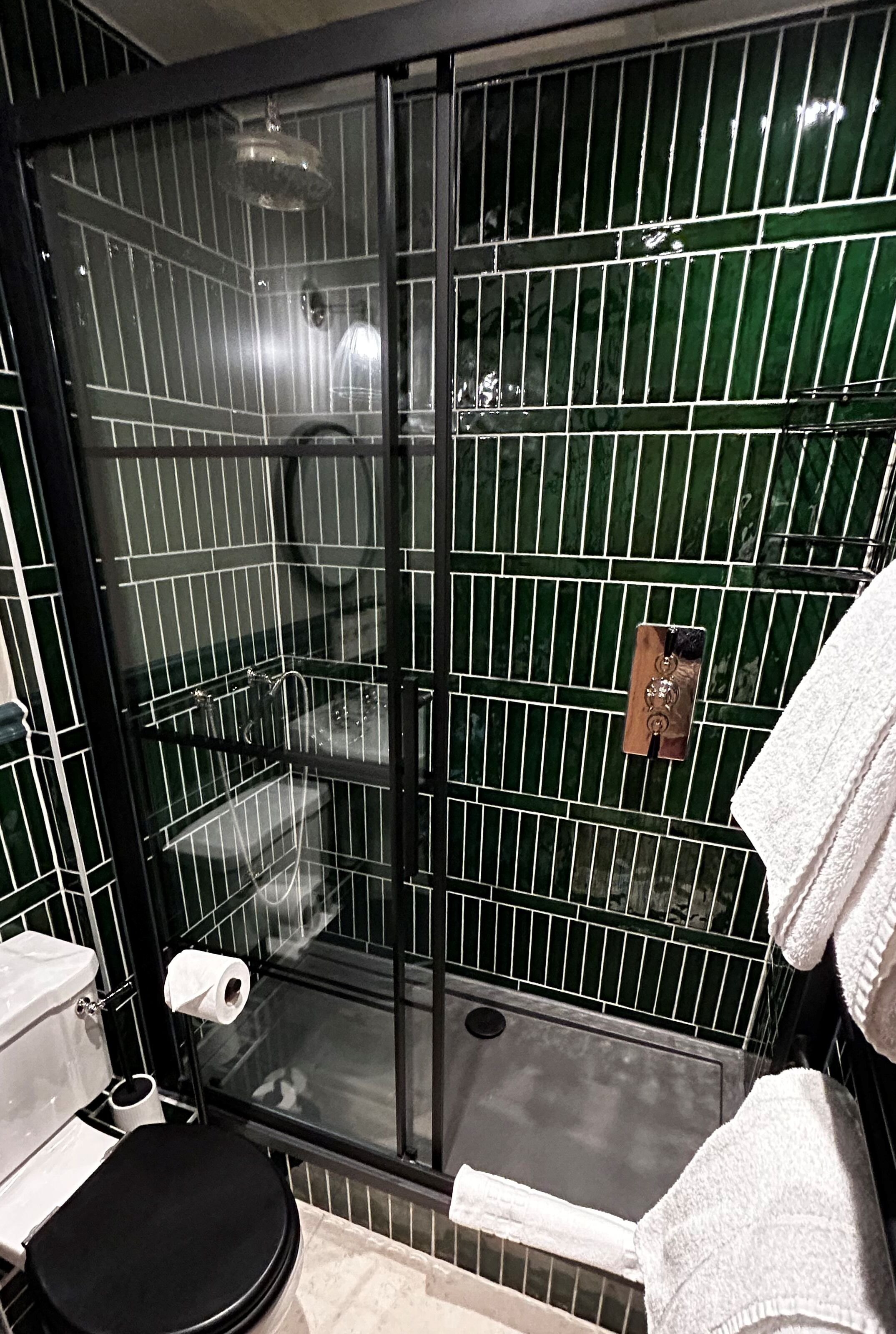 Une salle de bain avec une douche à parois de verre, des toilettes et un porte-serviettes.