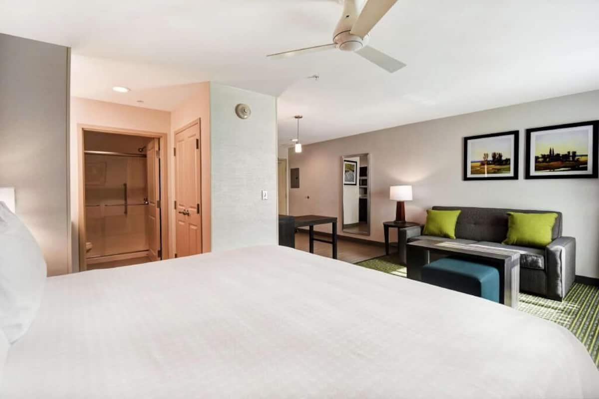 Une chambre d’hôtel équipée d’un lit, d’un bureau, d’un canapé, d’un ventilateur de plafond et d’une douche.