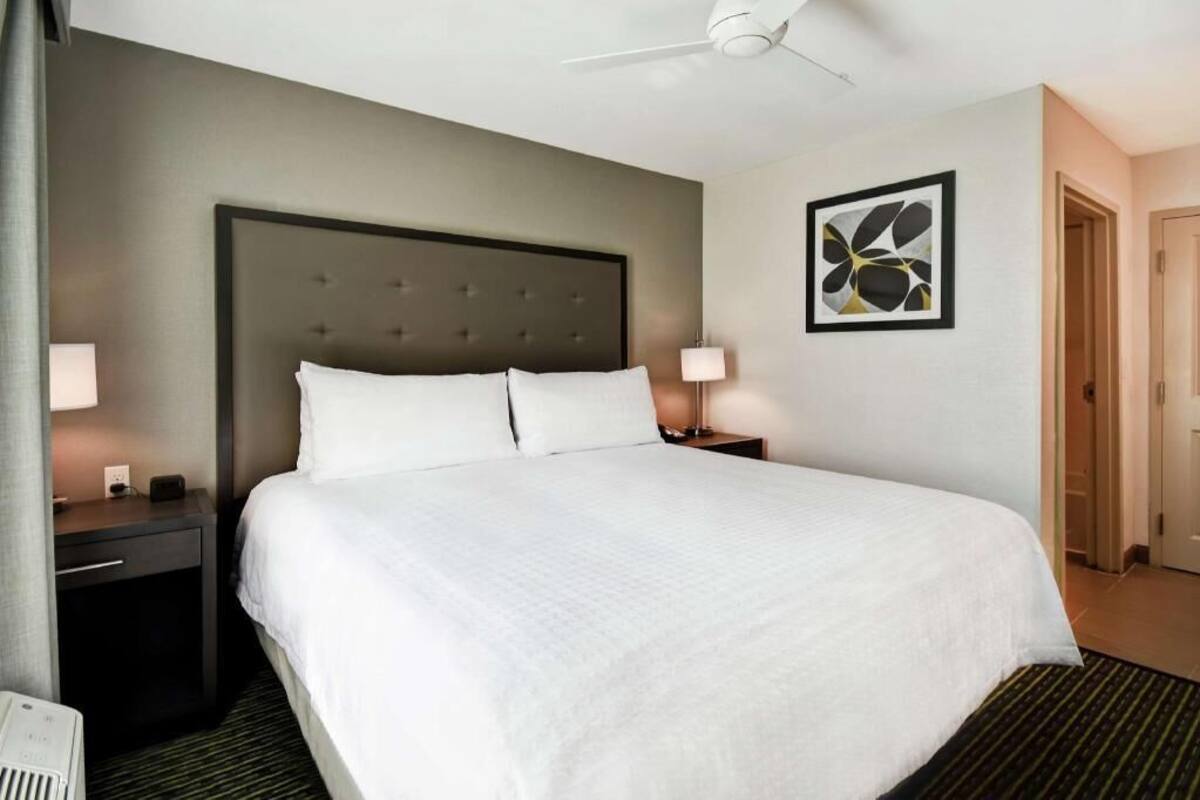 A hotel room with a large bed, a ceiling fan, a nightstand, a lamp, and a framed artwork on the wall.